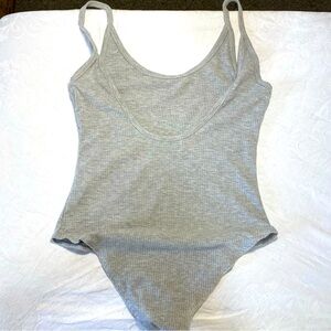 Basic Heather Gray Bodysuit One Piece Tank Top Spaghetti Strap Open Back Snap M